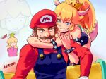  1boy 2girls aurastack bird blonde_hair blue_eyes bowsette bracelet breast_press brown_hair crown earrings facial_hair fangs hat horns hug jewelry leaf long_hair mario mario_(series) multiple_girls muscular muscular_male mustache new_super_mario_bros._u_deluxe overalls princess_peach shell smile spiked_bracelet spikes tail 