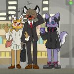  aggressive_retsuko aggretsukoss5 ailurid anthro blush bottomwear clothing dingodeptrai female group haida headphones husband_and_wife hyena male mammal married_couple mephitid phone red_panda retsuko sanrio shikabane_(aggressive_retsuko) skirt skunk suit suitcase 