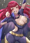  1girl arm_up belt breasts cleavage covered_navel cowboy_shot facial_mark fire_emblem fire_emblem_engage hair_ornament hand_up large_breasts long_hair looking_at_viewer red_eyes red_hair short_sleeves smile snow20200 solo standing star_(symbol) star_hair_ornament very_long_hair yunaka_(fire_emblem) 