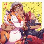  1boy absurdres aladdin_(disney) bracelet brown_eyes cat disney earrings english_text hanatata98 heart highres hug jewelry kalim_al-asim one_eye_closed open_clothes pet rajah_(disney) short_hair signature sleeveless smile tiger twisted_wonderland white_hair yellow_background 