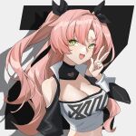  1girl :d absurdres bare_shoulders black_ribbon breasts cleavage clothing_cutout commentary drop_shadow green_eyes grey_background hair_between_eyes hair_ribbon hand_up highres large_breasts long_hair long_sleeves looking_at_viewer midriff nicole_demara open_mouth pink_hair ribbon shoulder_cutout smile solo strapless tube_top two_side_up upper_body very_long_hair w xiaxia_(shidu233) zenless_zone_zero 