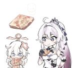  2girls 5rwpvc ahoge blue_eyes breasts closed_mouth crown dress eating food gloves gradient_hair hair_ornament high_ponytail highres honkai_(series) honkai_impact_3rd kiana_kaslana kiana_kaslana_(herrscher_of_finality) long_hair medium_breasts multicolored_hair multiple_girls purple_hair simple_background smile star_(symbol) star_hair_ornament toast white_background white_dress white_hair 