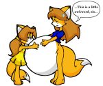  anthro barefoot bodily_fluids canid canine duo embrace feet female fox hug huge_belly inari_tai mammal pantsless pregnant pregnant_female saburox sibling sister sisters speech_bubble sweat sweatdrop 