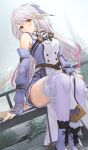  1girl absurdres au_ra aura_(wild_arms) bangs bare_shoulders blue_gloves blush breasts closed_mouth elbow_gloves final_fantasy final_fantasy_xiv fingerless_gloves gloves grey_hair heterochromia highres horns large_breasts looking_at_viewer multicolored_hair orange_eyes purple_hair purple_thighhighs red_eyes sitting solo streaked_hair thighhighs thighs yana_mori 