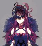  1girl bangs bare_shoulders breasts cleavage dress elbow_gloves expressionless fascinator fire_emblem fire_emblem_engage flower gloves hair_ornament highres ivy_(fire_emblem) jewelry large_breasts long_hair looking_at_viewer purple_eyes purple_hair rose solo thighhighs white_gloves yachimata_1205 