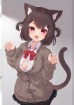  1girl absurdres animal_ears bow bowtie breasts brown_cardigan brown_hair cardigan cat_day cat_ears cat_girl cat_tail cleavage cleavage_cutout clothing_cutout hair_ornament hairclip highres hinata_(user_rjkt4745) looking_at_viewer medium_breasts original pantyhose red_bow red_bowtie red_eyes shirt short_hair solo tail two_side_up white_shirt 