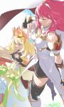  2girls absurdres bare_shoulders black_thighhighs blonde_hair boots celica_(fire_emblem) celine_(fire_emblem) closed_eyes commentary_request crown dress fire_emblem fire_emblem_echoes:_shadows_of_valentia fire_emblem_engage green_eyes hairband highres multiple_girls off-shoulder_dress off_shoulder pretty-purin720 red_hair smile thighhighs white_dress white_footwear white_hairband 