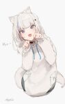  1girl :d animal_ear_fluff animal_ears black_collar blue_eyes blue_hair cat_day cat_ears cat_girl cat_tail collar commentary_request drawstring fang grey_background grey_hair hands_up highres hood hood_down hoodie leaning_to_the_side long_sleeves looking_at_viewer mayogii multicolored_hair nyan original paw_pose puffy_long_sleeves puffy_sleeves romaji_text signature simple_background sleeves_past_wrists smile solo streaked_hair tail white_hoodie 