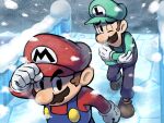  2boys blizzard blue_overalls boots brown_footwear brown_hair facial_hair gloves green_headwear green_shirt hat highres luigi mario mario_&amp;_luigi_rpg mario_&amp;_luigi_rpg_(style) mario_(series) multiple_boys mustache one_eye_closed outdoors overalls red_headwear red_shirt shirt short_hair trembling white_gloves ya_mari_6363 