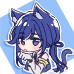  1girl akamirai animal_ears arm_scrunchie assault_lily bangs bare_shoulders black_necktie blue_background blue_hair blush cat_day cat_ears cat_girl cat_tail chibi closed_mouth collared_shirt commentary_request cropped_torso elbow_gloves gloves hair_ribbon hand_up hayami_katsura long_hair looking_at_viewer low_ponytail necktie odaiba_girls_high_school_uniform ponytail purple_eyes ribbon school_uniform scrunchie shirt sleeveless sleeveless_shirt solo tail tongue tongue_out two-tone_background upper_body white_background white_gloves white_shirt yellow_scrunchie 