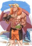 1boy abs alternate_costume bara black_male_swimwear blonde_hair character_request coconut_cup feet_out_of_frame glasses highres large_pectorals lifeguard male_focus male_swimwear muscular muscular_male nipples orange_male_swimwear pectorals short_hair solo standing stomach street_fighter swim_trunks topless_male wet yuiofire 