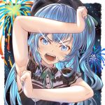  absurdres beret blue_nails hat highres hololive honkivampy hoshimachi_suisei official_alternate_hairstyle shouting shouting_with_hands star_(symbol) star_in_eye symbol_in_eye teeth virtual_youtuber 