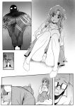  1girl age_difference asuna_(sao) blush bowing breasts glasses h2o_(ddks2923) highres kneeling large_breasts large_penis long_hair monochrome non-web_source panties penis spread_legs surprised sword_art_online underwear unsure very_long_hair 