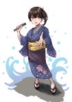  1girl alternate_costume blue_kimono brown_eyes brown_hair commentary_request full_body highres japanese_clothes kaga_(kancolle) kantai_collection kimono ld_(luna_dial398) long_hair microphone music obi sandals sash side_ponytail simple_background singing solo white_background 