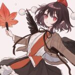  1girl black_hair black_skirt brown_jacket buttons collared_shirt hand_fan hat hauchiwa holding holding_fan jacket long_sleeves open_clothes open_jacket parted_lips pointy_ears pom_pom_(clothes) red_eyes red_headwear shameimaru_aya shirt short_hair skirt solo tokin_hat touhou unfinished upper_body white_shirt yujup 