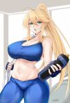  1girl absurdres ahoge alternate_costume artoria_pendragon_(fate) artoria_pendragon_(lancer)_(fate) bare_shoulders blonde_hair blue_pants blue_sports_bra bottle breasts collarbone cowboy_shot fate/grand_order fate_(series) fingerless_gloves gloves green_eyes highres holding indoors large_breasts long_hair open_mouth pants ponytail solo sports_bra steam sweat tower vanko_(vank0a) very_long_hair water_bottle yoga_pants 