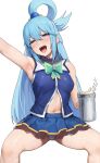  absurdres aqua_(konosuba) arm_up armpits bangs beer_mug blue_eyes blue_hair blue_shirt blue_skirt breasts covered_nipples cup drunk english_commentary hair_between_eyes hair_ornament half-closed_eyes highres holding holding_cup invisible_chair kono_subarashii_sekai_ni_shukufuku_wo! large_breasts long_hair miniskirt mug navel noras open_mouth panties pantyshot pleated_skirt shirt single_hair_ring sitting skirt sleeveless sleeveless_shirt sweat underwear white_background white_panties 