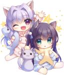 2girls :o ;d animal_ears bangs barefoot black_hair cat_ears chibi commentary_request fang green_eyes hair_between_eyes hood hood_down hoodie long_sleeves lowres multiple_girls object_hug one_eye_closed original parted_lips pillow pillow_hug purple_eyes purple_hair simple_background sitting skirt smile star_pillow starry_background striped striped_hoodie striped_skirt stuffed_animal stuffed_fish stuffed_toy white_background yukie_(peach_candy) 
