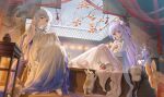  2girls ahoge alternate_costume architecture azur_lane bangs bare_tree barefoot blunt_bangs branch building chinese_clothes closed_mouth dress east_asian_architecture embroidery flower food fruit full_body grey_sky hair_flower hair_ornament haneru hanfu highres holding illustrious_(azur_lane) incense long_hair long_sleeves looking_at_viewer multiple_girls pom_pom_(clothes) pom_pom_hair_ornament purple_eyes purple_footwear purple_hair rabbit rabbit_hair_ornament red_flower ringlets sitting smile smoke snowing string table tassel tree unicorn_(azur_lane) vase very_long_hair white_dress white_flower white_hair winter 