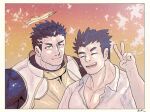  2boys ^_^ artist_request bara black_hair closed_eyes collared_shirt facial_hair halo large_pectorals male_focus master_3_(housamo) mature_male multiple_boys muscular muscular_male partially_unbuttoned pectoral_cleavage pectorals shirt short_hair side-by-side sideburns stubble tokyo_afterschool_summoners upper_body v yellow_eyes zabaniyya_(housamo) 