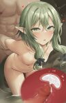  1boy 1girl abs absurdres arm_grab arms_behind_back bangs blush breasts completely_nude crossed_bangs cum cum_in_pussy elf goblin_slayer goblin_slayer! green_eyes green_hair hetero high_elf_archer_(goblin_slayer!) highres navel nipples nude parted_lips partially_submerged pointy_ears sex sex_from_behind shengtian small_breasts solo_focus vaginal water 