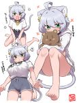  1girl :o ? absurdres ahoge animal_ear_fluff animal_ears bangs bare_legs barefoot breasts cat_ears cat_girl cat_tail clothes_writing commentary doll_hug dolphin_shorts ear_piercing fang feet green_eyes grey_hair grey_shorts hair_between_eyes highres hood hood_down hoodie knees_together_feet_apart large_breasts legs looking_at_viewer medium_hair multiple_views ngetyan no_pants object_hug open_mouth original piercing renge_(ngetyan) shirt short_sleeves shorts simple_background sitting spoken_question_mark stuffed_animal stuffed_toy tail teddy_bear toes translation_request white_background white_hoodie white_shirt 
