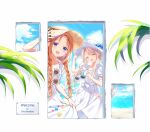  2girls aoyama_blue_mountain beach blonde_hair blush braid closed_eyes dress gem gochuumon_wa_usagi_desu_ka? hat hoto_mocha koi_(koisan) long_hair multiple_girls ocean official_art open_mouth orange_hair purple_eyes short_sleeves smile sun_hat sunglasses twin_braids white_dress white_headwear 