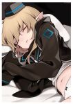  1girl arknights bangs black_coat black_headwear blonde_hair bow bow_panties closed_eyes coat durin_(arknights) e_draw_paint garrison_cap hat navel panties pillow pointy_ears shirt short_hair sleeping sleeves_past_fingers sleeves_past_wrists solo underwear white_panties white_shirt 