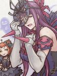  2girls bangs bare_shoulders blush breasts cleavage commentary_request dress elbow_gloves fascinator fire_emblem fire_emblem_engage flower ghost gloves hair_ornament ivy_(fire_emblem) jewelry large_breasts long_hair looking_at_viewer mole mole_under_mouth multiple_girls orange_hair panette_(fire_emblem) purple_eyes purple_hair rose side_slit tanabanata tears white_gloves 