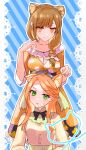  2girls absurdres animal_ear_fluff animal_ears blue_background braid breasts brown_hair cat_ears cleavage commentary_request dress etie_(fire_emblem) fire_emblem fire_emblem_engage goldmary_(fire_emblem) green_eyes highres kemonomimi_mode large_breasts long_hair mu_tu_bu multiple_girls orange_dress orange_eyes orange_hair short_sleeves single_braid tiara upper_body 