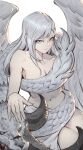  breasts cleavage collarbone convenient_censoring dragon final_fantasy final_fantasy_xiv grey_eyes grey_hair hair_over_breasts horns hraesvelgr_(ff14) joker.z long_hair looking_at_viewer navel nude official_alternate_costume ryne serious shiva_(final_fantasy) very_long_hair 