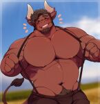  anthro barazoku big_muscles big_pecs blush bottomwear bovid bovine cattle clothed clothing digital_media_(artwork) eyes_closed facial_hair hair hi_res horn male mammal midriff muscular muscular_anthro muscular_male pants pecs ryder_(seintaur) seintaur simple_background solo strap_pull tongue topless topless_anthro topless_male 