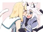  2boys animal_ears azuma_yukihiko blonde_hair blue_eyes cat_boy cat_ears cat_tail genis_sage highres licking licking_another&#039;s_cheek licking_another&#039;s_face looking_at_another male_child male_focus medium_hair mithos_yggdrasill multiple_boys one_eye_closed open_mouth otoko_no_ko tail tales_of_(series) tales_of_symphonia white_hair yaoi 