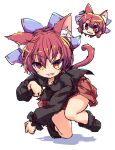  1girl :3 animal_ears bangs black_footwear black_shirt blue_bow bow cat_ears disembodied_head full_body hair_bow isu_(is88) looking_at_viewer multiple_heads open_mouth red_eyes red_hair red_skirt sekibanki shirt simple_background skirt smile solo touhou white_background 