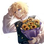  1boy adjusting_hair alternate_costume arm_up basil_(omori) belt berry_(blu_berri) blonde_hair blue_eyes bouquet closed_mouth collared_shirt flower green_sweater_vest highres holding holding_bouquet long_sleeves looking_at_viewer omori shirt short_hair simple_background smile solo sunflower sweater_vest upper_body wavy_hair white_background white_shirt 