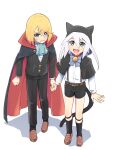  2boys animal_ears animal_hood aqua_ascot azuma_yukihiko bell black_cape black_headwear black_shorts blonde_hair blue_eyes cape cat_boy cat_ears cat_hood cat_tail fang genis_sage highres hood jingle_bell long_sleeves looking_at_another looking_at_viewer male_child male_focus medium_hair mithos_yggdrasill multiple_boys open_mouth shorts tail tales_of_(series) tales_of_symphonia two-sided_cape two-sided_fabric vampire_costume white_hair yaoi 