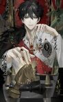  1boy absurdres bai_liu black_hair chair collared_shirt cross gem glowing grey_eyes hair_between_eyes highres i_became_a_god_in_a_horror_game jewelry looking_at_viewer male_focus red_gemstone ring shirt short_hair sitting sleeve_cuffs solo tangfangsanshao white_shirt 