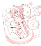  1girl animal_ears ass axia-chan breasts cat_day cat_ears cat_tail crop_top highres large_breasts long_hair looking_back low_twintails monochrome red_theme senki_zesshou_symphogear short_sleeves tail twintails twitter_username yukine_chris 