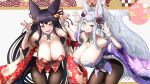  2023 2girls animal_ears bell black_hair blue_eyes blush breasts brown_pantyhose chinese_zodiac cleavage detached_collar fang floral_print fox_ears fox_girl fox_tail furisode gollizo granblue_fantasy grey_hair grin hair_bell hair_ornament highres huge_breasts japanese_clothes jingle_bell kimono leaning_forward leotard multiple_girls open_mouth pantyhose pink_eyes ponytail rabbit_pose red_leotard short_kimono skin_fang smile societte_(granblue_fantasy) tail thigh_gap white_leotard wide_sleeves year_of_the_rabbit yuel_(granblue_fantasy) 