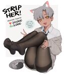  1girl absurdres animal_ear_fluff animal_ears bangs black_nails black_pantyhose blue_eyes blush border brown_eyes cat_ears cat_girl cat_tail collared_shirt commentary earrings english_commentary english_text fang feet fine_fabric_emphasis full_body grey_background grey_hair grey_jacket grey_tail hair_between_eyes hand_on_own_thigh highres jacket jewelry kara_(vertigris) knees_up legs like_and_retweet looking_at_viewer making-of_available meme multicolored_hair nail_polish no_pants no_shoes off_shoulder open_mouth original panties panties_under_pantyhose pantyhose shadow shirt short_hair soles solo speech_bubble streaked_hair stud_earrings tail thighs toes twitter_strip_game_(meme) underwear vertigris w white_border white_shirt 