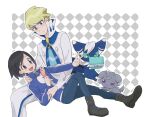  2boys :d ascot black_footwear black_hair blonde_hair blue_ascot blue_eyes blue_jacket blush boots calem_(pokemon) closed_mouth commentary_request espurr grey_eyes handheld_game_console high_collar highres holding jacket long_sleeves male_focus meowstic meowstic_(male) multiple_boys nintendo_3ds open_mouth pokemon pokemon_(creature) pokemon_(game) pokemon_xy sana_(37pisana) shirt short_hair siebold_(pokemon) skinny_jeans smile turtleneck turtleneck_jacket white_shirt 