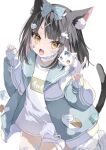  1girl animal animal_ears animal_on_shoulder bandaged_leg bandaged_neck bandages bandaid bandaid_on_cheek bandaid_on_face black_hair blue_eyes bow can cat cat_ears cat_girl cat_on_shoulder cat_tail fang flat_chest hair_bow heterochromia highres jacket long_sleeves medium_hair no_pants open_clothes open_jacket open_mouth original pet_food puffy_long_sleeves puffy_sleeves shirt sleeves_past_wrists tail toma_tokage v-shaped_eyebrows white_shirt yellow_eyes 
