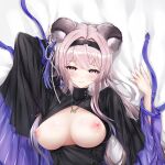  1girl animal_ear_fluff animal_ears arknights arm_up bangs bed_sheet black_dress black_hairband blush breasts breasts_out brown_eyes cirnos closed_mouth dress frilled_sleeves frills hairband jewelry large_breasts lin_(arknights) long_hair long_sleeves looking_at_viewer lying mouse_ears necklace nipples on_back on_bed pink_hair sheet_grab solo tassel upper_body wide_sleeves 