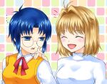  2girls arcueid_brunestud blonde_hair blue_eyes blue_hair breasts cheek_poking ciel_(tsukihime) closed_eyes commentary_request glasses lo_lis medium_breasts medium_hair multiple_girls open_mouth poking round_eyewear signature smile sweater_vest tsukihime turtleneck 