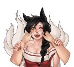  1girl ahri_(league_of_legends) anger_vein angry animal_ears artist_request bangs black_hair blush braid cheek_pinching cheek_pull collarbone embarrassed facial_mark fox_ears fox_girl hand_on_another&#039;s_cheek hand_on_another&#039;s_face hands_on_another&#039;s_cheeks hands_on_another&#039;s_face highres kitsune kumiho league_of_legends looking_at_viewer non-web_source open_mouth pinching pov single_braid whisker_markings yellow_eyes 