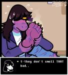  2023 5_toes anthro blarf022 blush claws deltarune dinosaur embarrassed feet female foot_fetish foot_focus foot_grab foot_sniffing humanoid_feet looking_away musk plantigrade reptile scalie smelly smelly_feet sniffing soles solo stink_lines susie_(deltarune) toe_claws toes undertale_(series) 