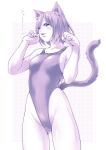  1girl absurdres animal_ears ass_visible_through_thighs breasts cat_ears cat_tail competition_swimsuit cowboy_shot highleg highleg_swimsuit highres looking_at_viewer macosee medium_breasts monochrome one-piece_swimsuit one_eye_closed original paw_pose purple_theme short_hair solo standing swimsuit tail 