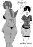  2girls absurdres ass bikini bra_strap breasts cargo_shorts character_request commentary commission dark-skinned_female dark_skin double_bun echo:_my_daily_life! english_commentary english_text facing_viewer from_behind greyscale hair_between_horns hair_bun highres horns kneepits large_breasts legs_together looking_back mini_wings monochrome multiple_girls norman_maggot oni oni_horns petite pointing pointing_at_self pointy_ears second-party_source shirt short_hair shorts sideboob small_breasts speech_bubble standing swimsuit t-shirt thong_bikini v-neck wings 