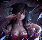  1girl ahri_(league_of_legends) animal_ears bangs bare_shoulders black_hair breasts cheek_pinching cheek_pull collarbone facial_mark fox_ears fox_girl hair_between_eyes hand_on_another&#039;s_cheek hand_on_another&#039;s_face highres kitsune kumiho league_of_legends long_hair misamiart off-shoulder_shirt off_shoulder pinching shirt shy sleeveless smile strapless very_long_hair whisker_markings 
