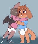  ambiguous_gender anthro artist_name bat blue_background blue_clothing blue_shirt blue_t-shirt blue_topwear blush brown_body brown_ears brown_fur brown_hair canid chibi clothed clothing diaper duo floppy_ears fur glistening glistening_eyes hair happy hi_res hoodie infantilism mammal open_mouth open_smile orange_eyes pink_clothing pink_hoodie pink_topwear riddlr shirt simple_background smile standing t-shirt teeth topwear wearing_diaper white_diaper 